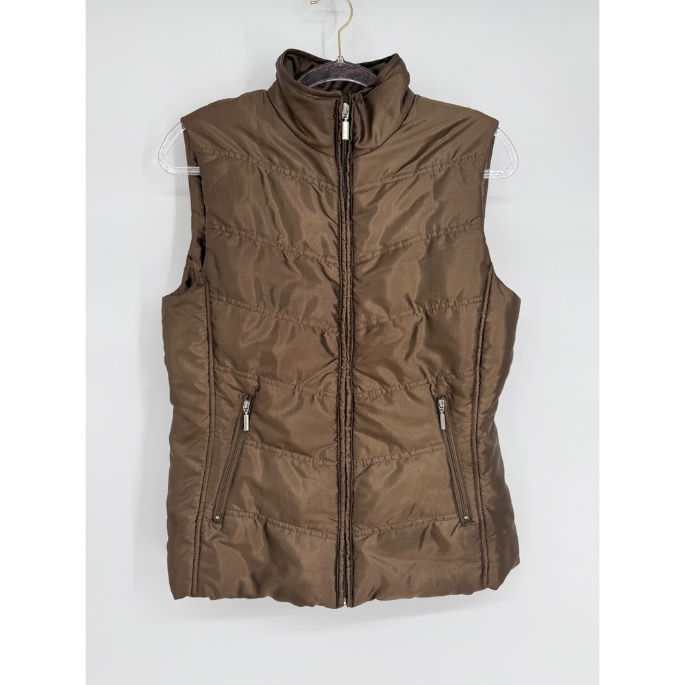New Directions Weekend Brown Chevron Quilted Puffer Vest Womens Sz M Zip Up